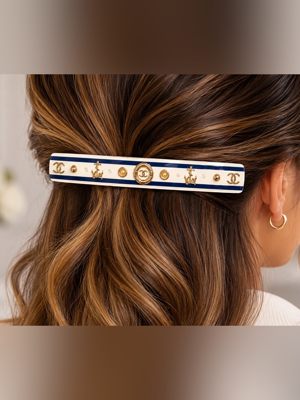 Chanel White and Gold Hair Barrette